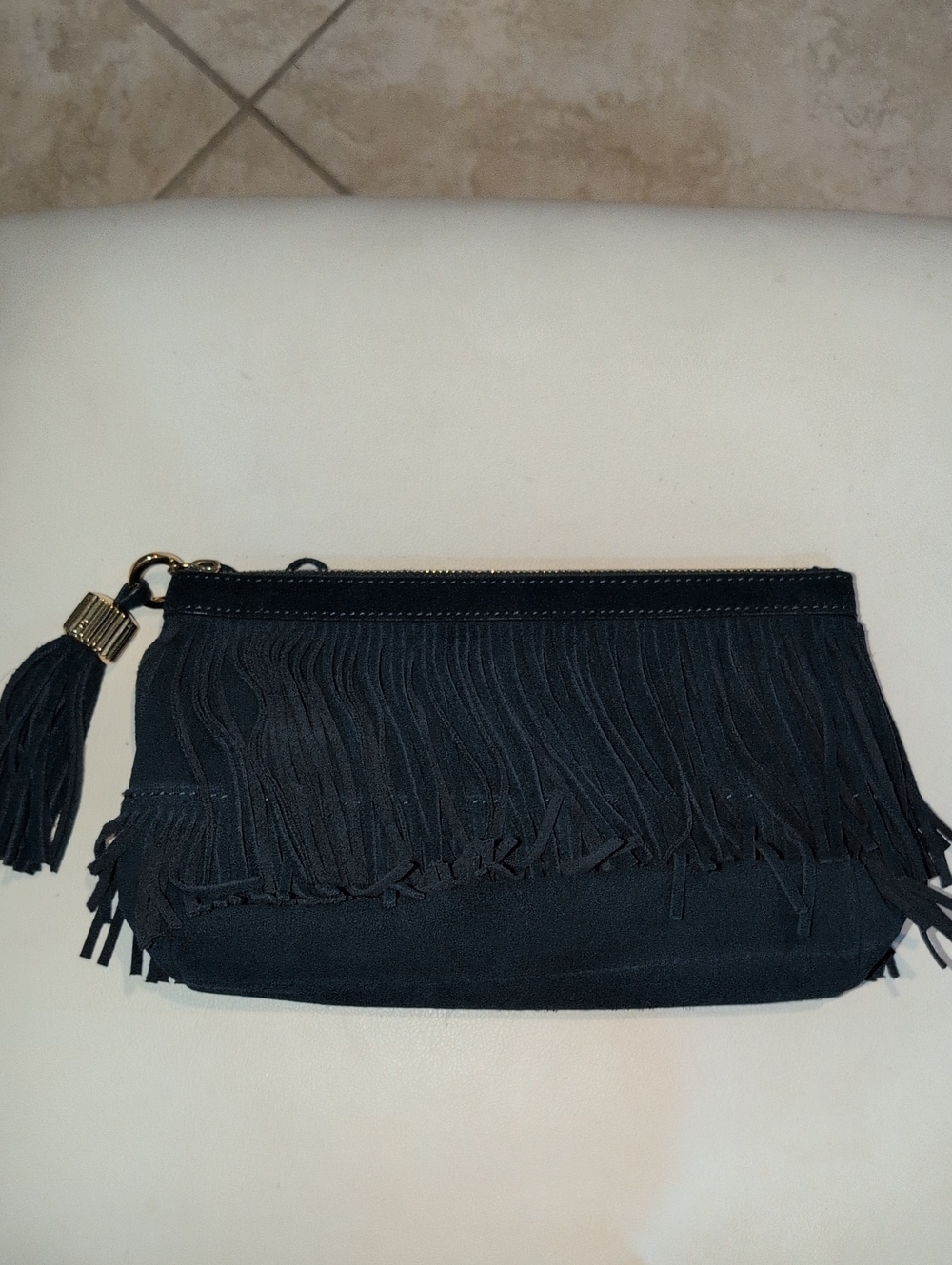 India Hicks Dougal Fringe Suede Navy  Blue Clutch
